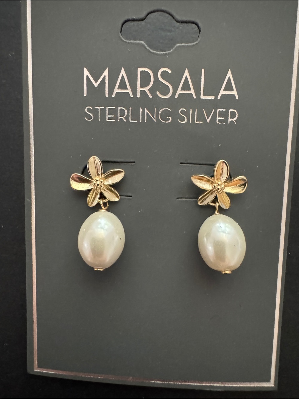 Marsala Gold Flower and White Pearl Drop Earrings